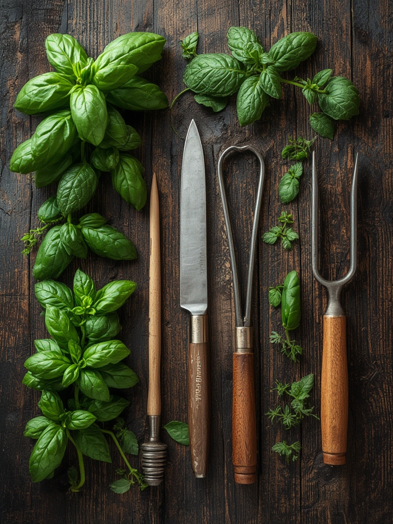 Basil growing supplies including seeds, pots, and soil