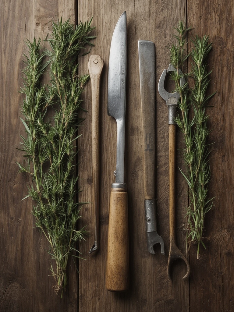 Rosemary plant with gardening supplies