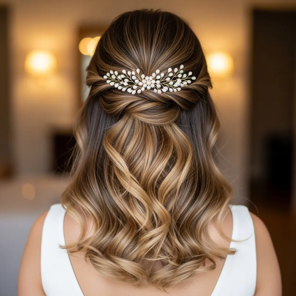 #1 Romantic Half-Up Style with Loose Curls and Pearl Pin