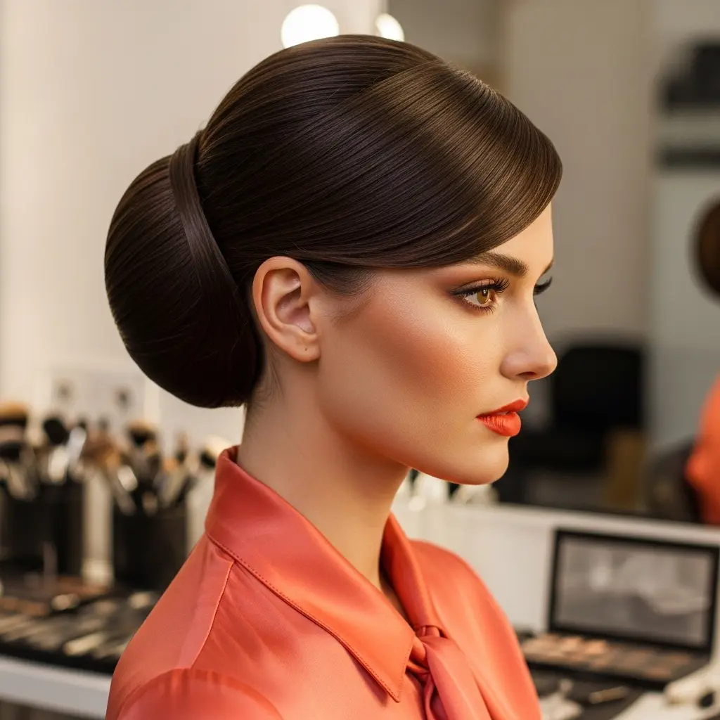 #10 Glossy French Roll with Side Swept Bangs