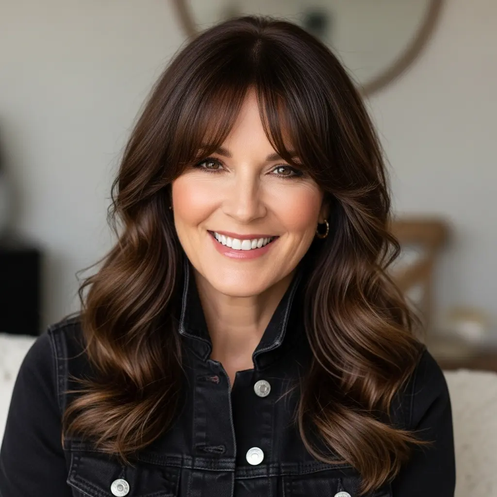 #13 Brunette Waves with Feathered Bangs