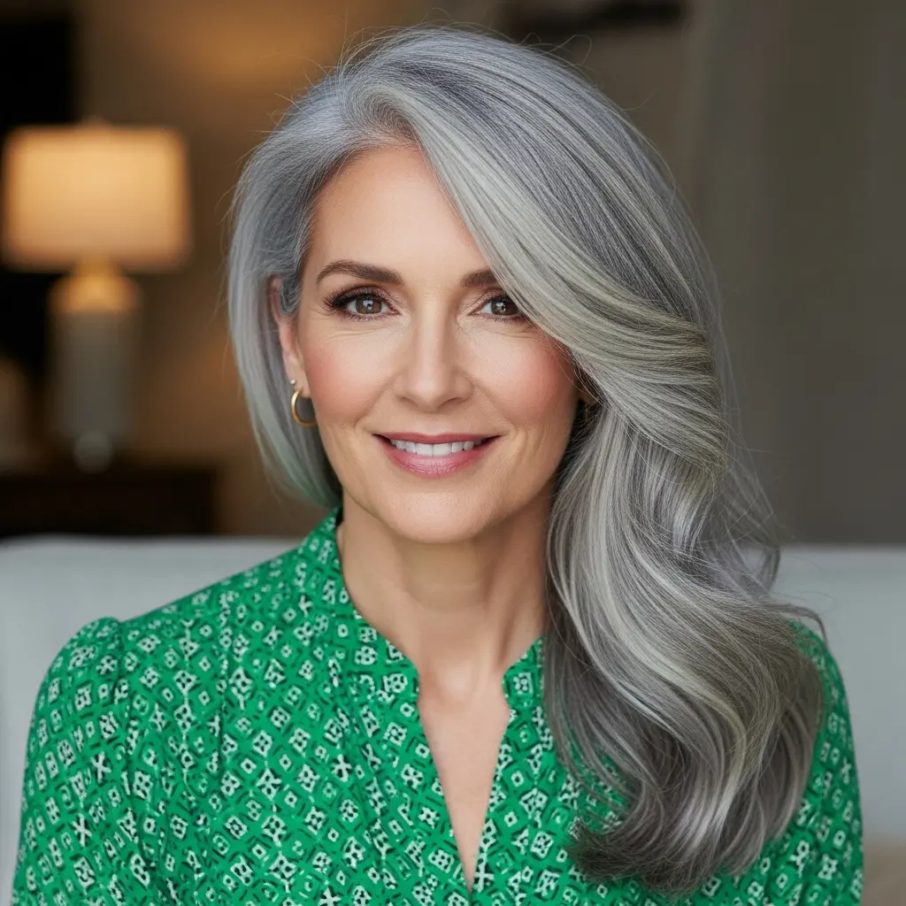 #18 Long Grey Hair with Deep Side Part