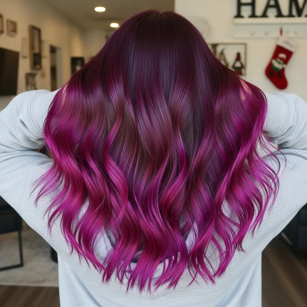 #22 Dark Magenta Color Melt on Thin Long Curly Hair