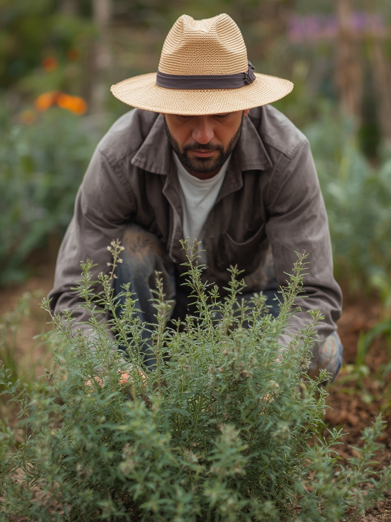 Oregano growing in pot with pruning shears