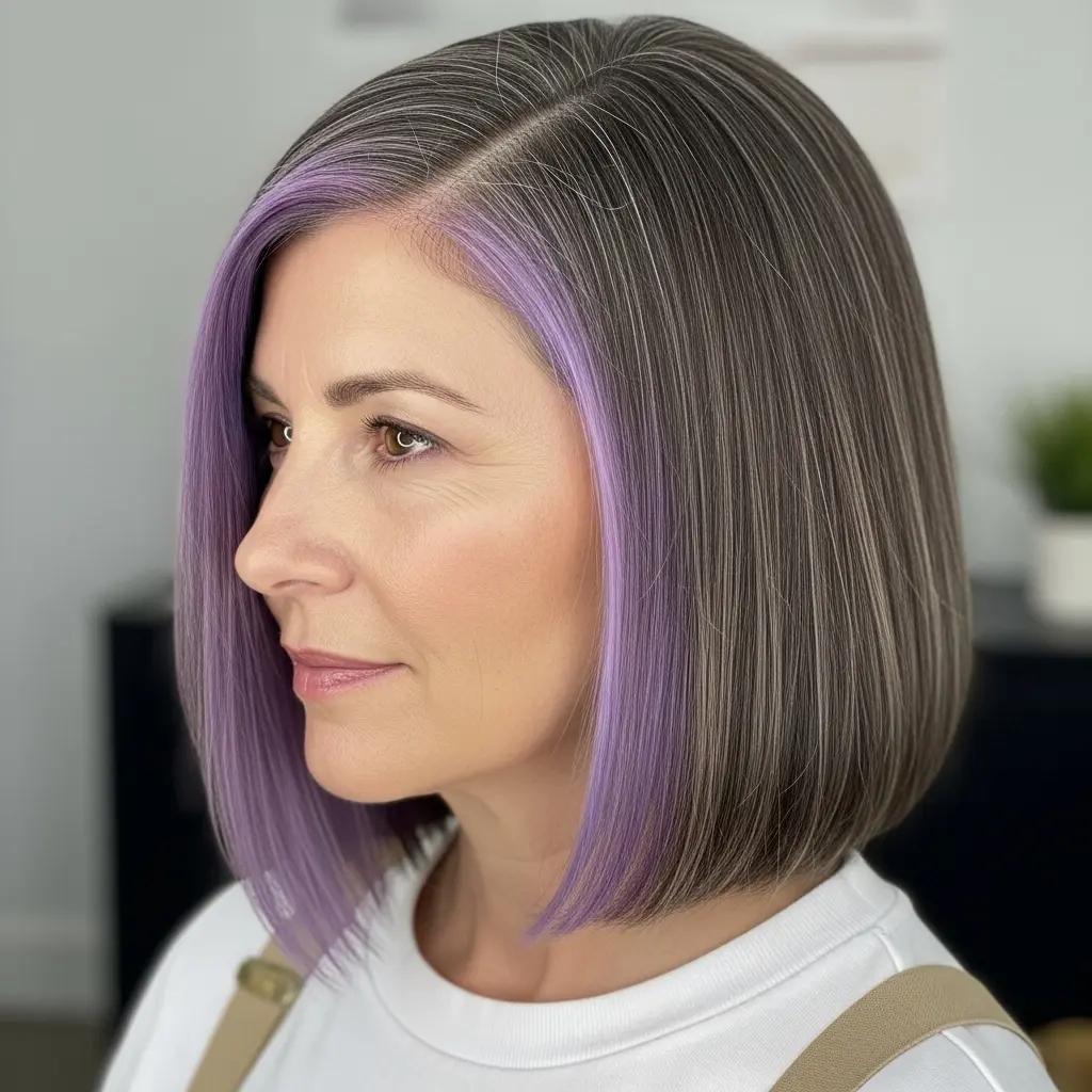 #12 Off-Center Brunette Lob with a Purple Money Piece