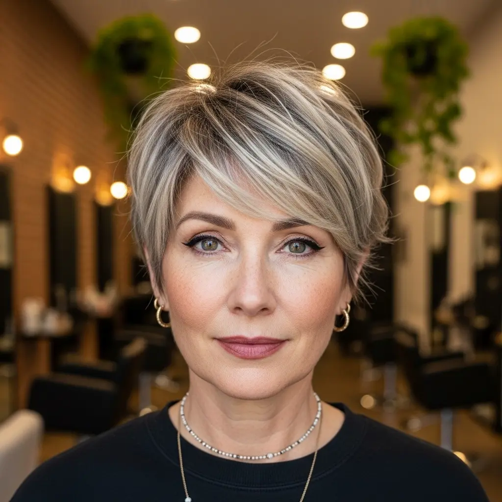 #27 Rooted Blonde Choppy Pixie with Thin Bangs