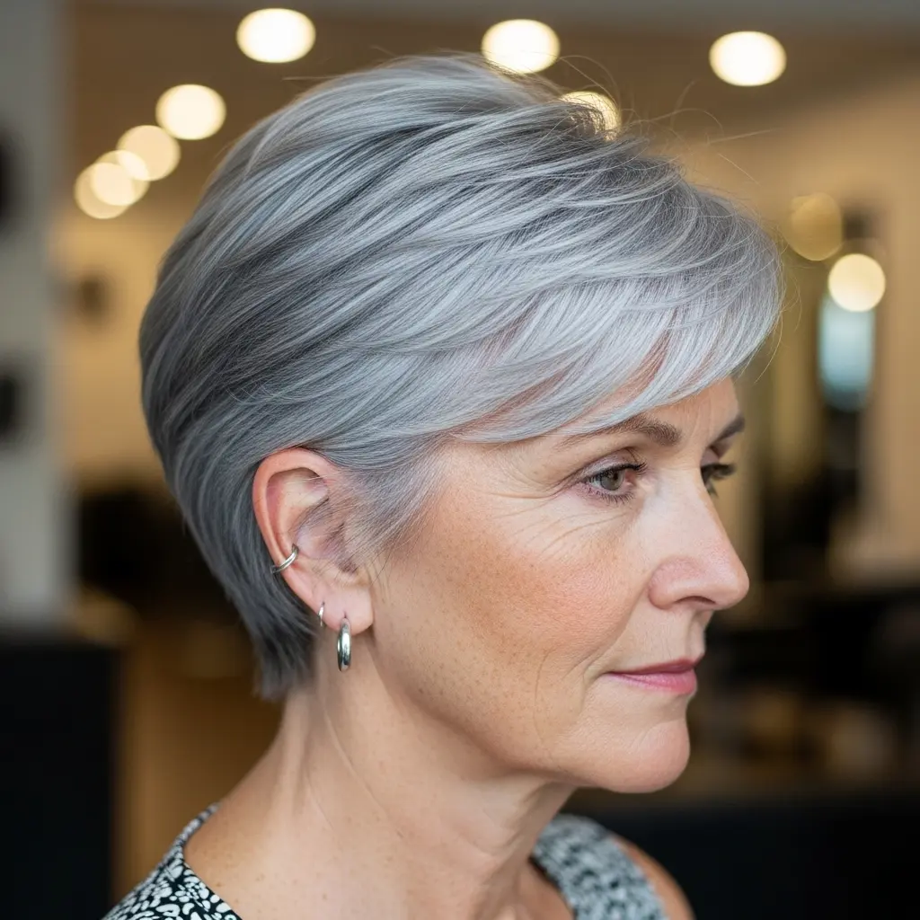 #9 Salt and Pepper Long Pixie with Fringe