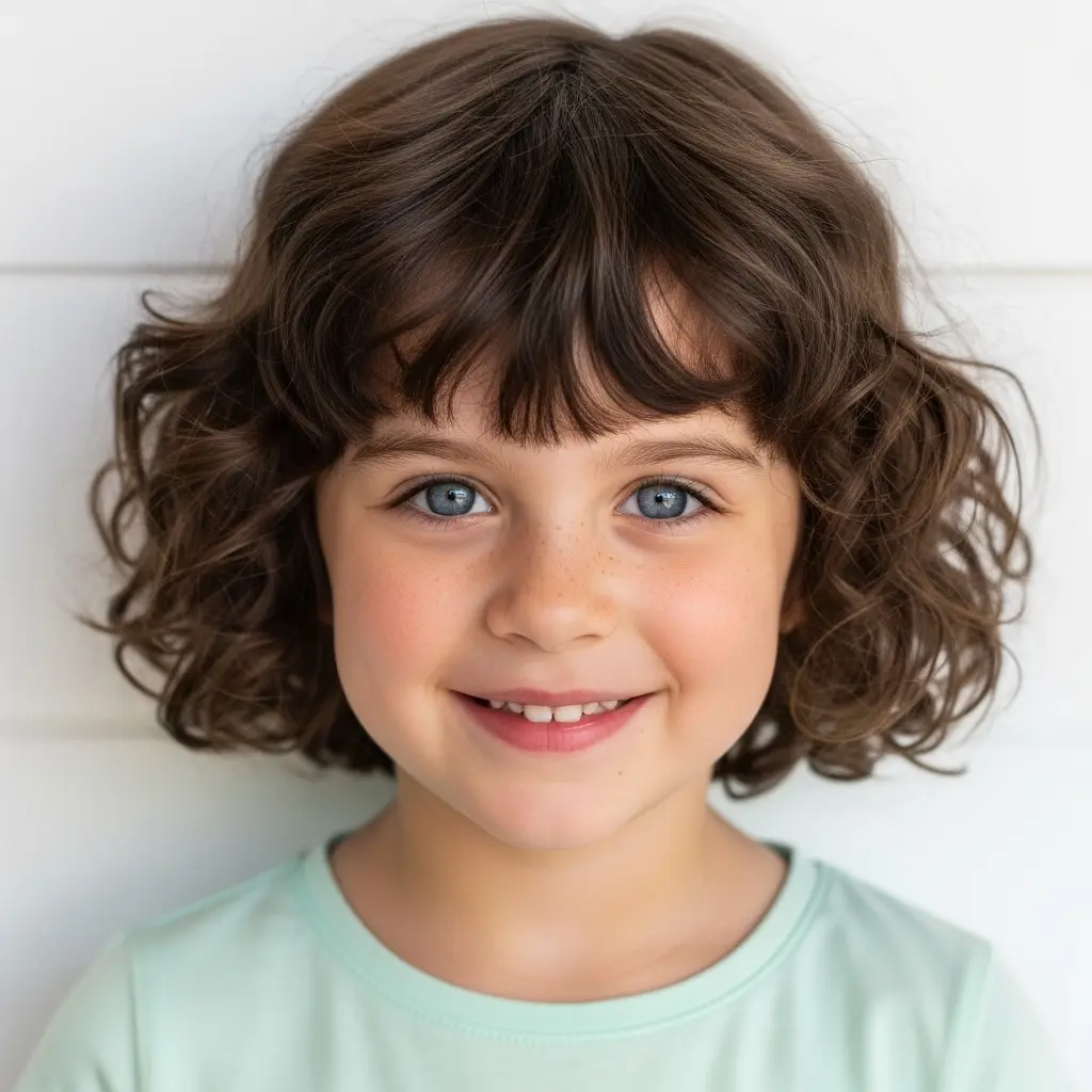 #14 Playful Curly Bob with Textured Bangs for Young Girls