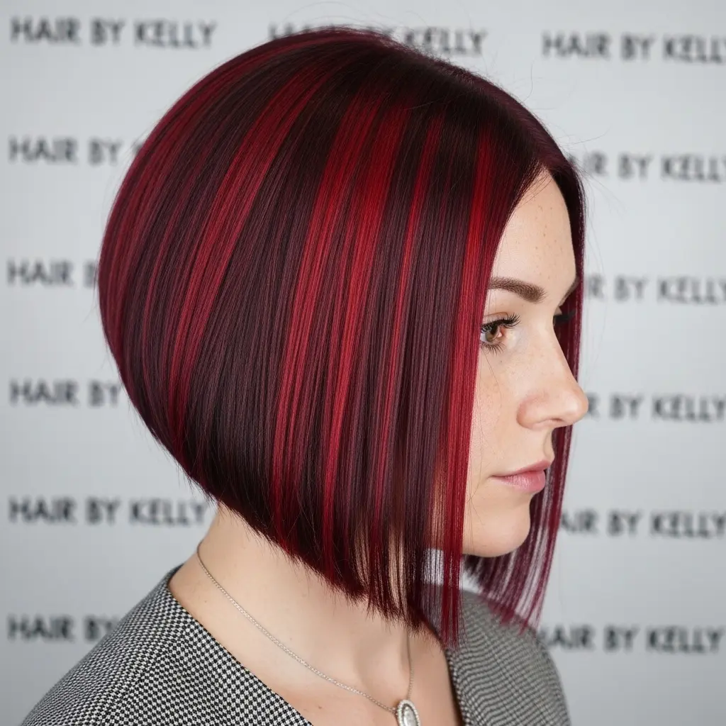 #14 Chin-Length Angled Bob with Red Highlights