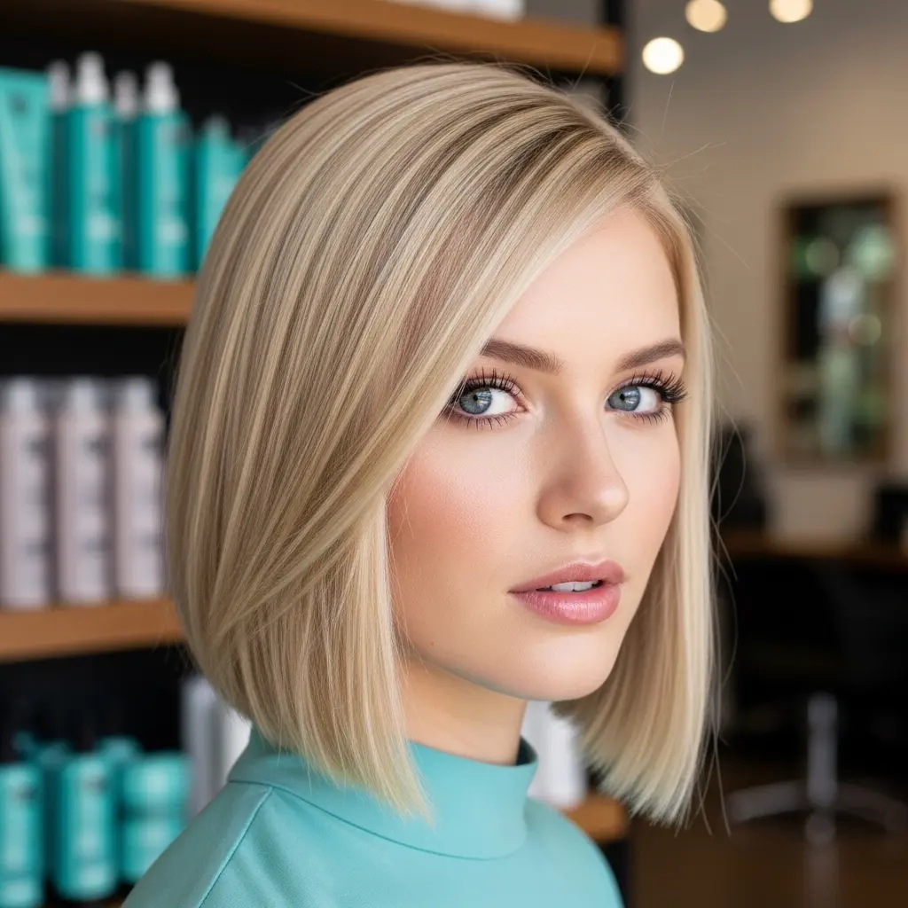 #19 Shoulder-Length Blunt Cut on Blonde Balayage Hair