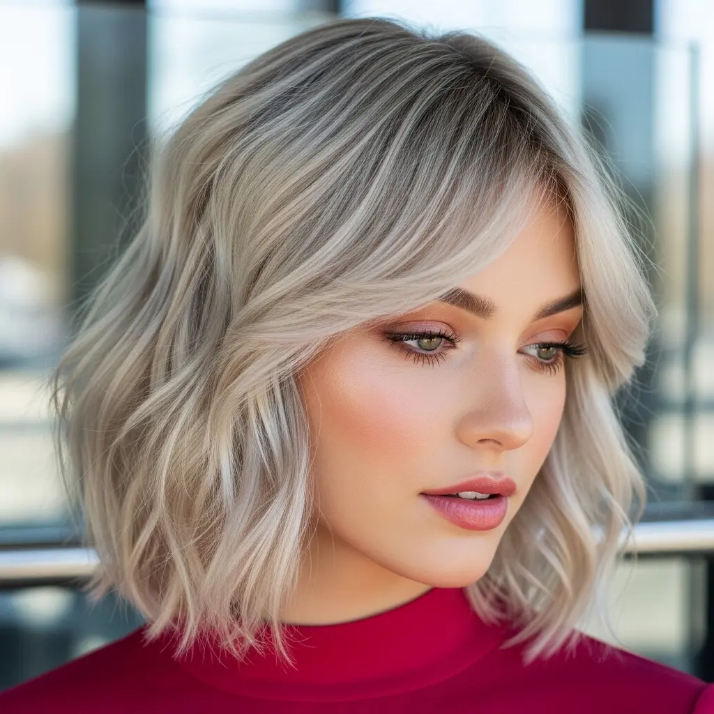 #19 Layered Bob with Beach Waves and Blonde Balayage