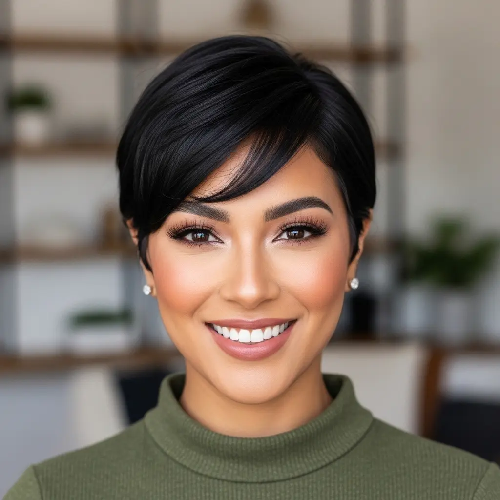 #6 Short Layered Hair with Long Side-Swept Bangs