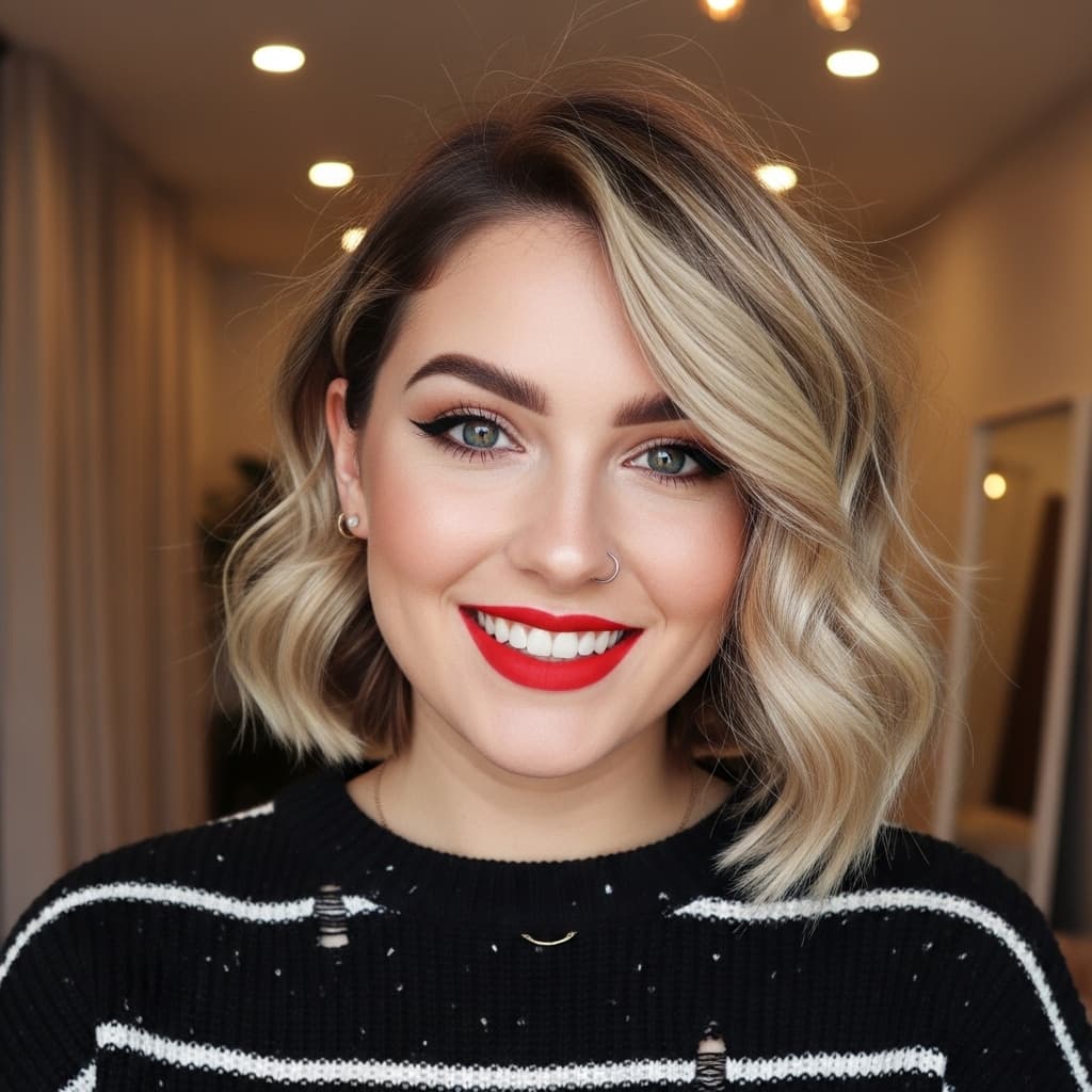 #8 Glamorous Wavy Lob with Blonde Highlights