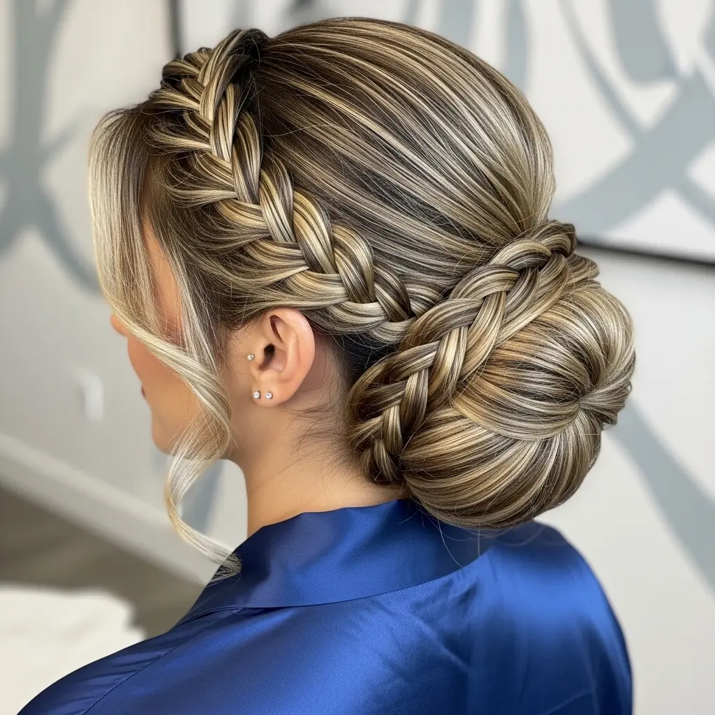 #13 Braided Low Updo with Caramel Balayage