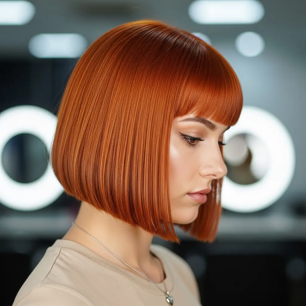 Vibrant Copper Orange Bob with Blunt Bangs