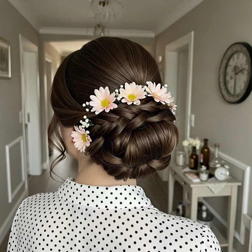 #1 Romantic Braided Updo with Floral Accents