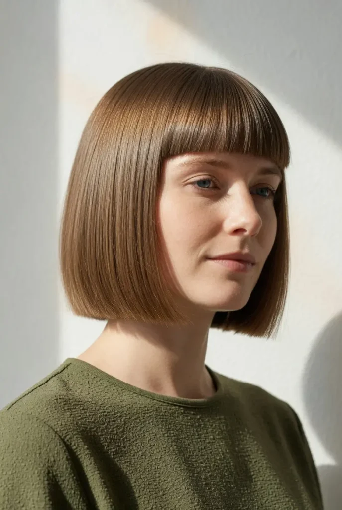 #10 Polished Golden-Brown Bob with Precision Bangs