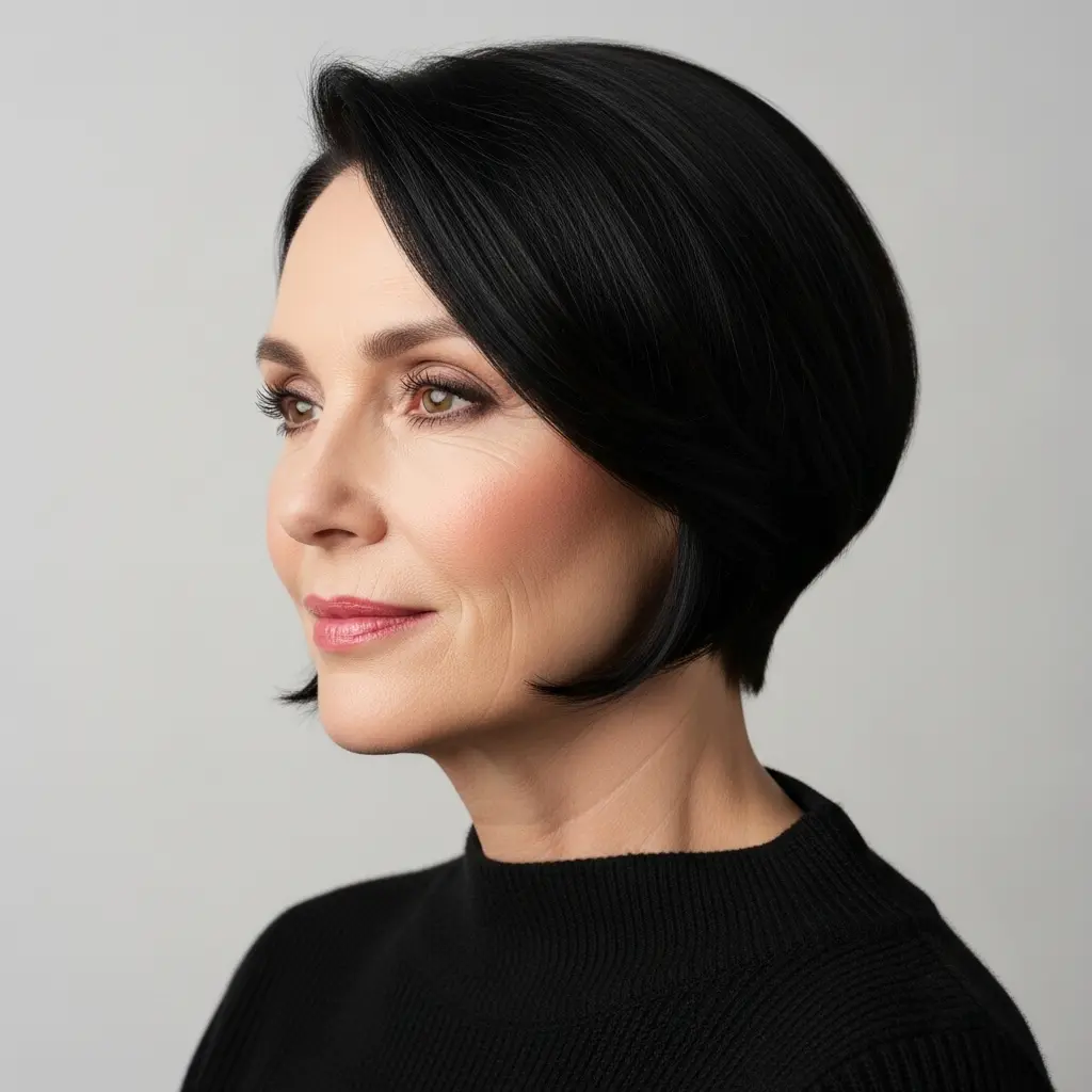 #11 Jet Black Inverted Bob with Long Side Bangs