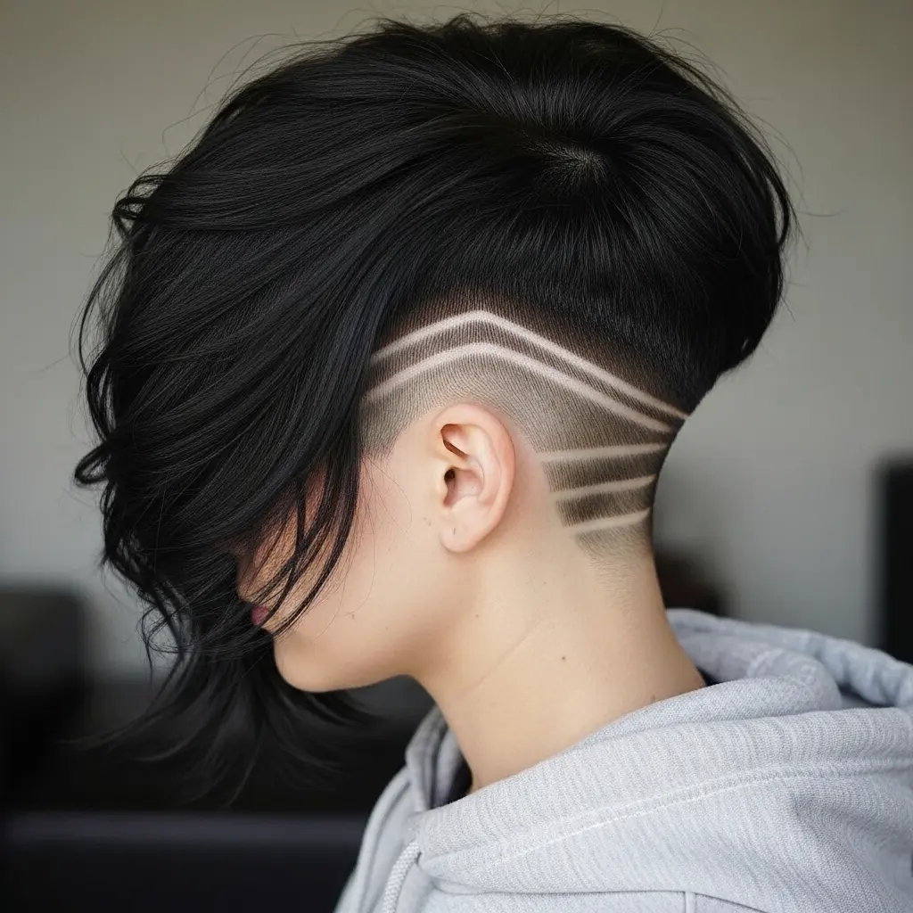 #14 Pixie Undercut Bob with Long Bangs and a Shaved Line Design