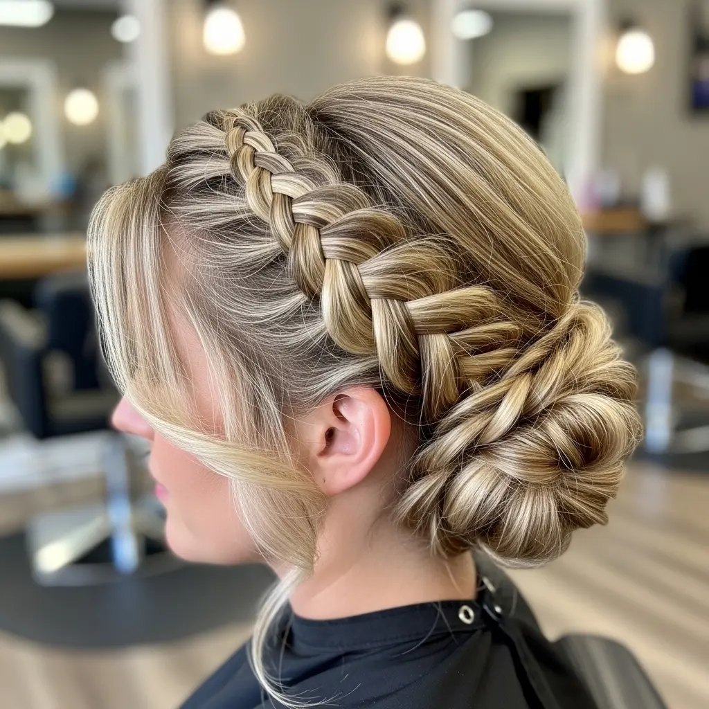 #16 Side Crown Braid Into Low Textured Chignon