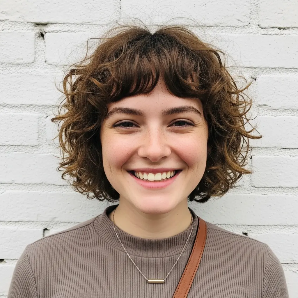 #17 Short Jaw-Length Shagged Curly Bob with Curtain Bangs