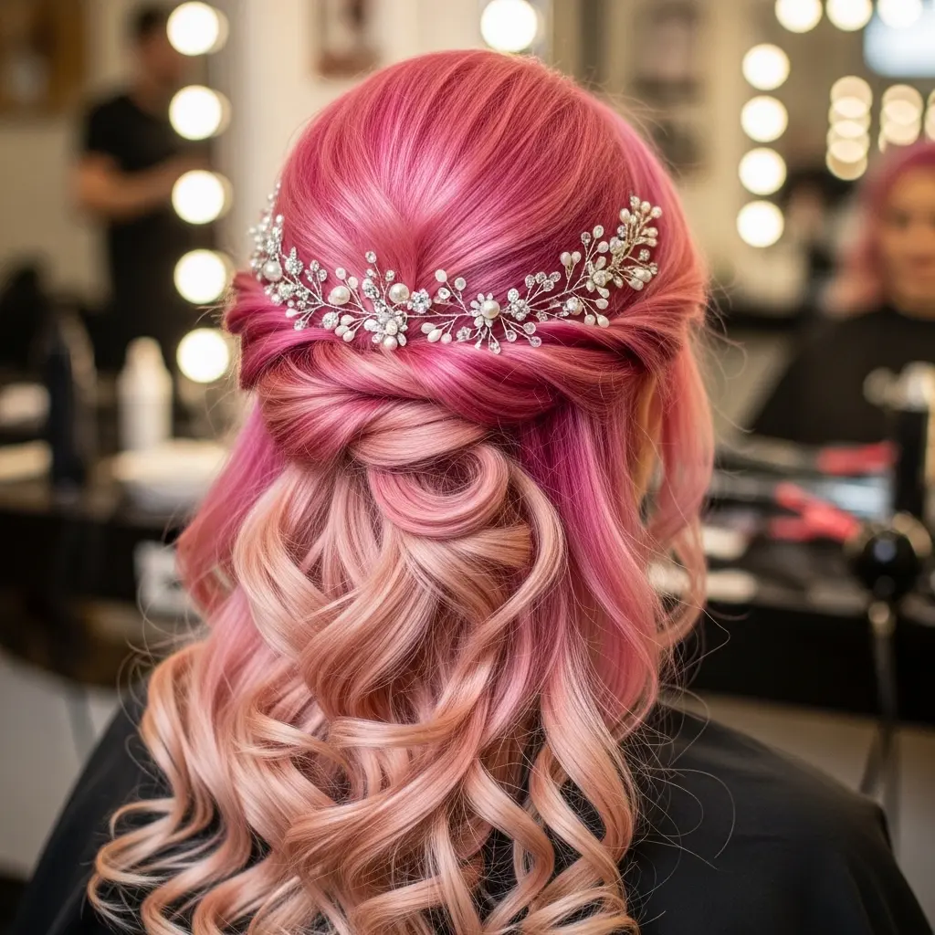 #17 Pastel Pink Twisted Half-Up with Pearl Vine