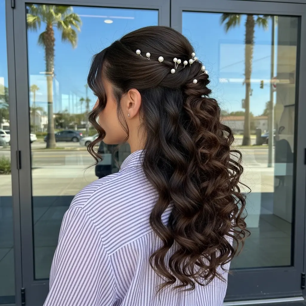 #2 Elegant Curly Half-Updo with Pearl Accents
