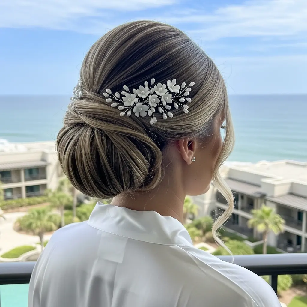 #5 Romantic Low Chignon with Floral Accents