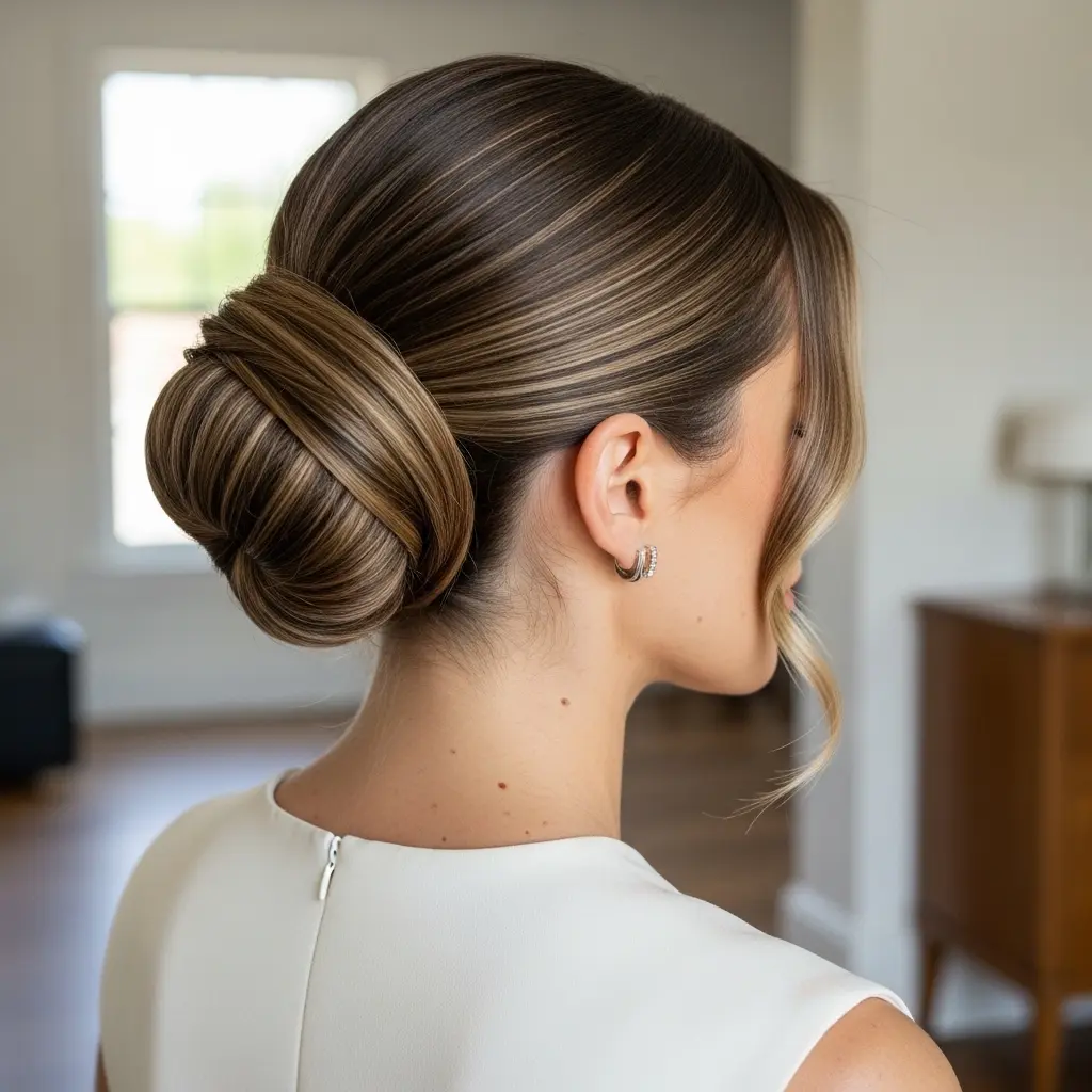 #6 Stylish Twisted Low Bun with Subtle Highlights
