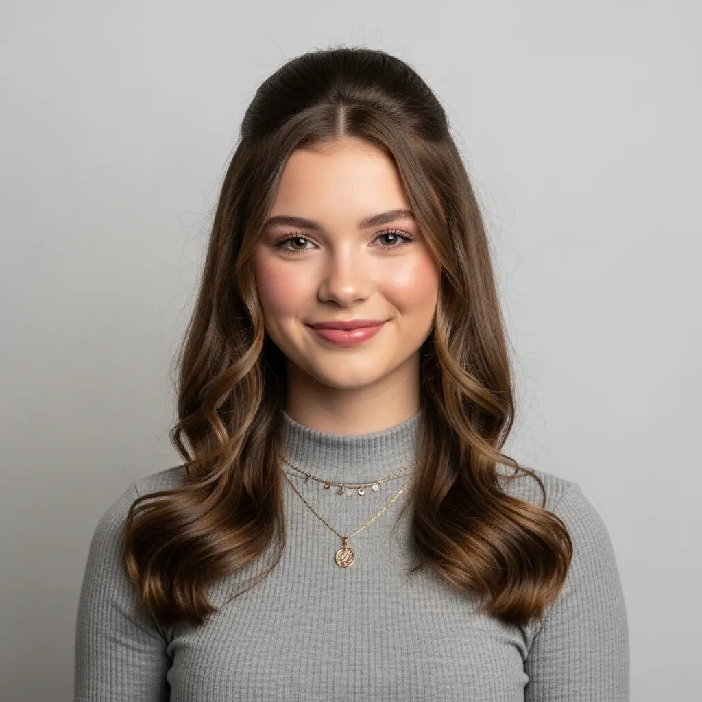 #7 Soft Shoulder-Grazing Half-Up with Face-Framing Layers and Warm Balayage