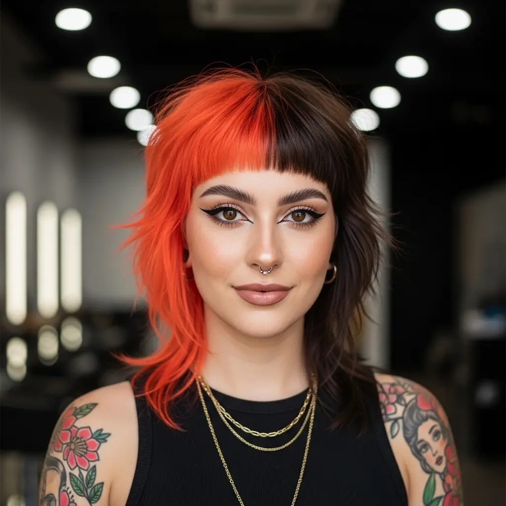 #7 Piecey Shag Mullet with an Orange Skunk Stripe