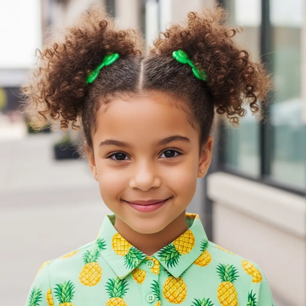 #10 Charming Double Bun Hairstyle with Fun Tropical Accents