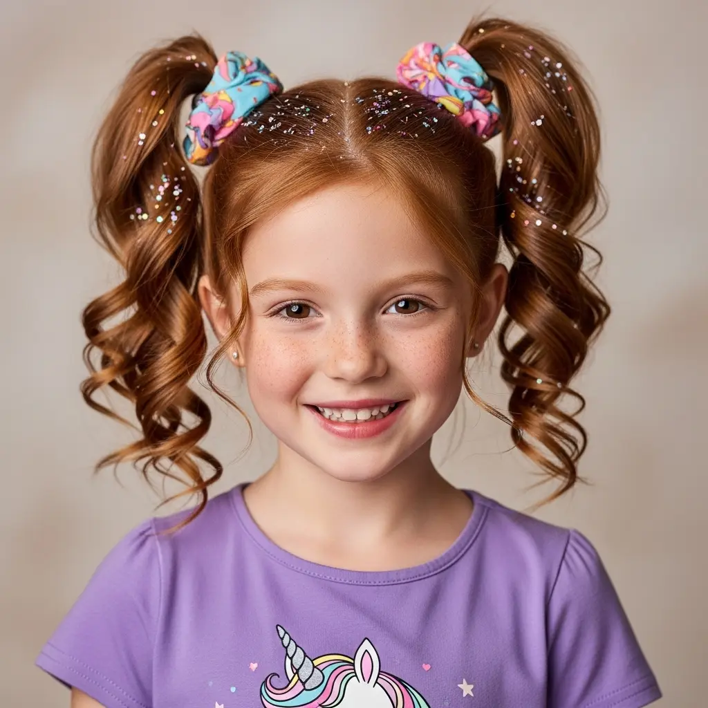 #17 Whimsical Curly Pigtails with Colorful Accessories