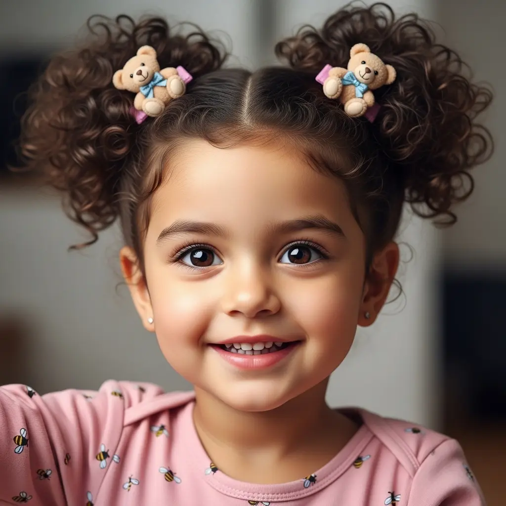 #2 Charming Curly Pigtails with Cute Teddy Bear Accents
