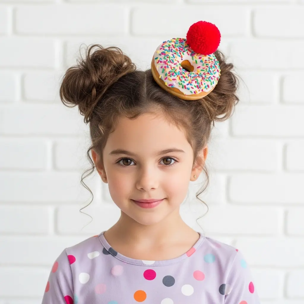 #24 Fun Curly Top Knot with Whimsical Donut Accent