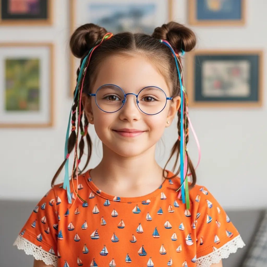 #8 Playful Double Bun Hairstyle with Colorful Ribbons