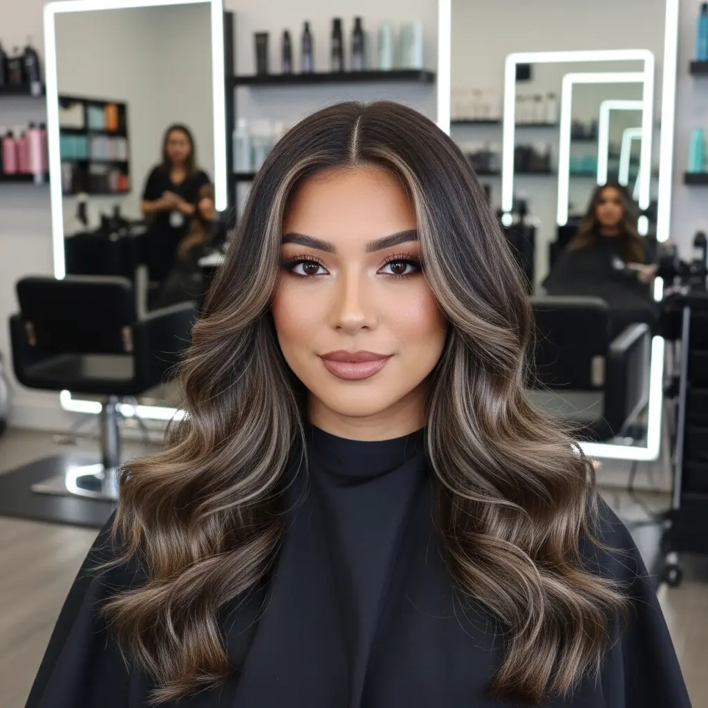 #1 Smoky Taupe Long Face-Framing Balayage with Soft Waves
