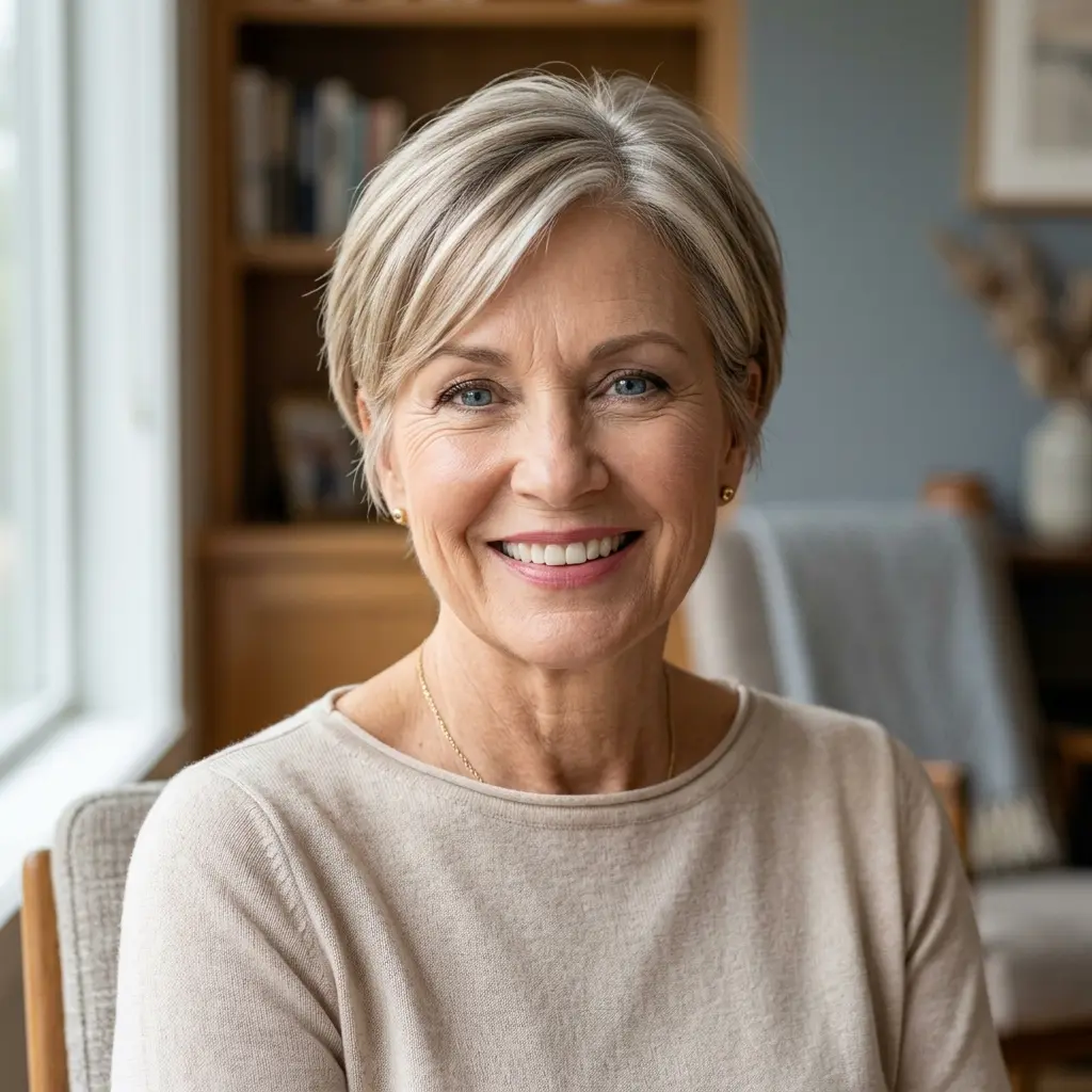 #1 Soft Pixie with Side Bangs on Older Women