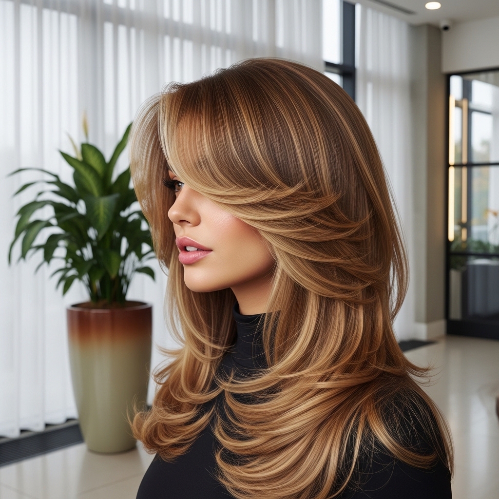 #1 Medium to Long Butterfly Layers and Bangs with Money Piece