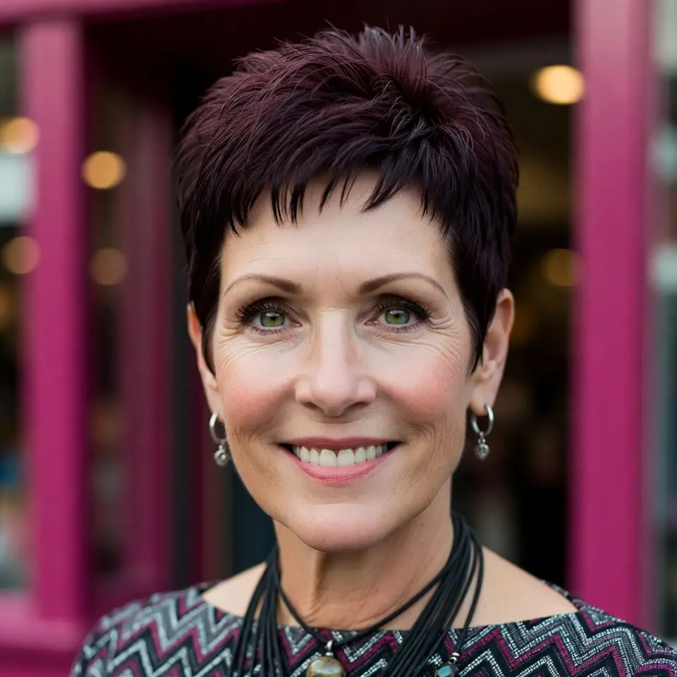 #11 Short Layered Burgundy Pixie with Soft Micro-Fringe and Crown Lift