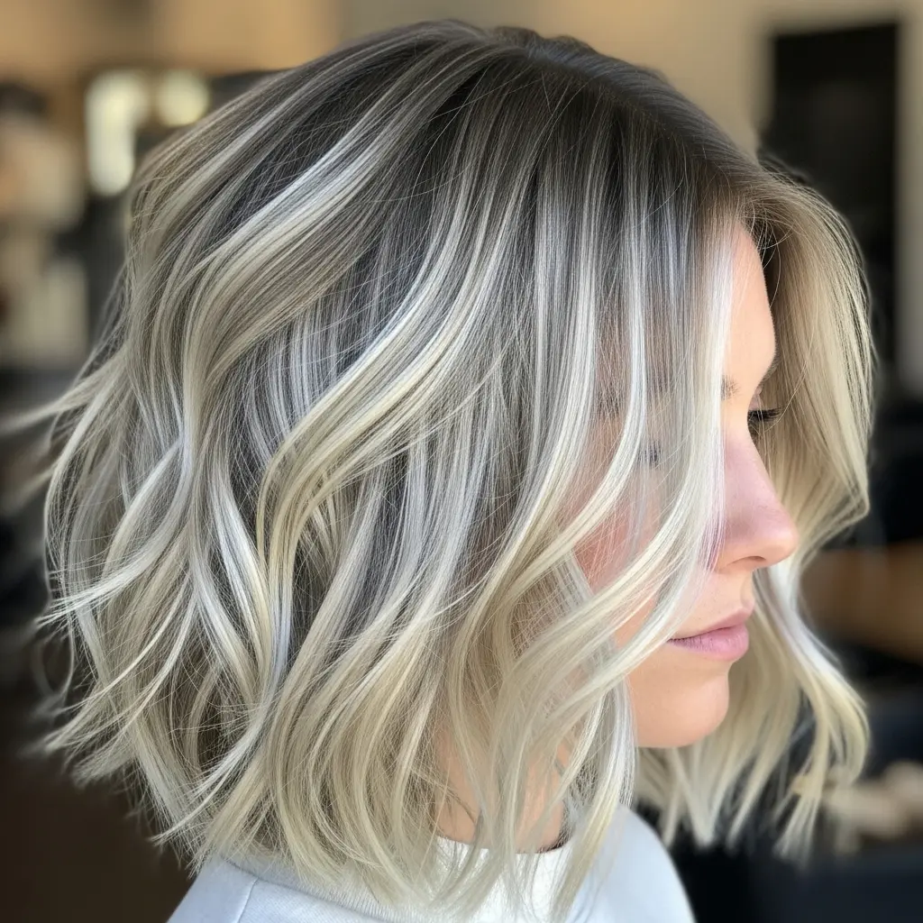 #13 Angled Wavy Bob with Blonde Highlights