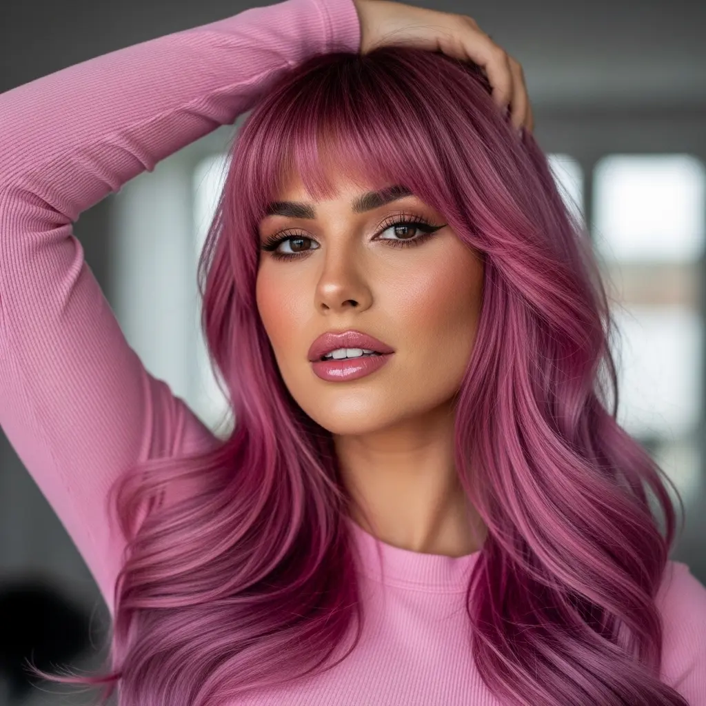 #15 Pastel Rose Mauve Long Layers with Micro Bangs