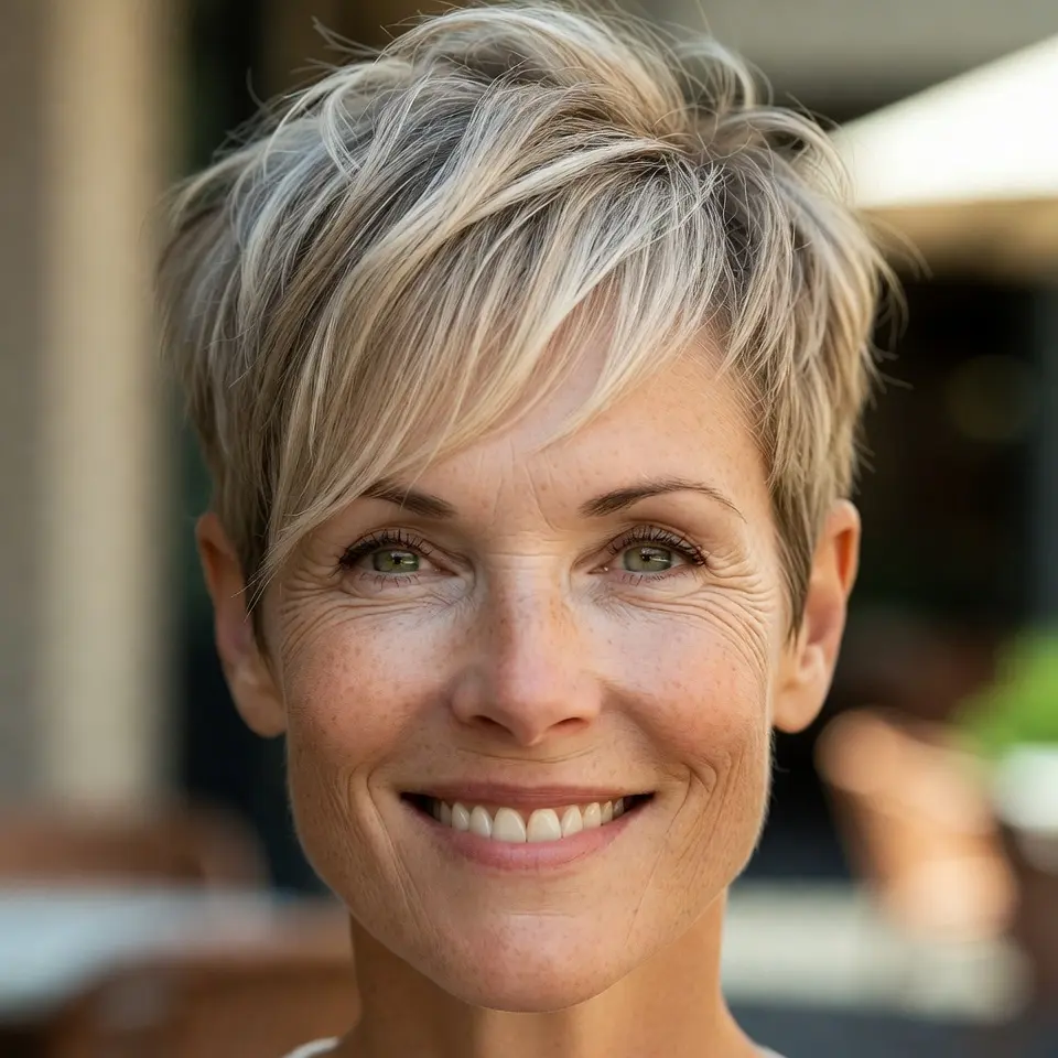 #15 Soft Layered Ash-Blonde Pixie Shag with Side-Swept Micro Fringe