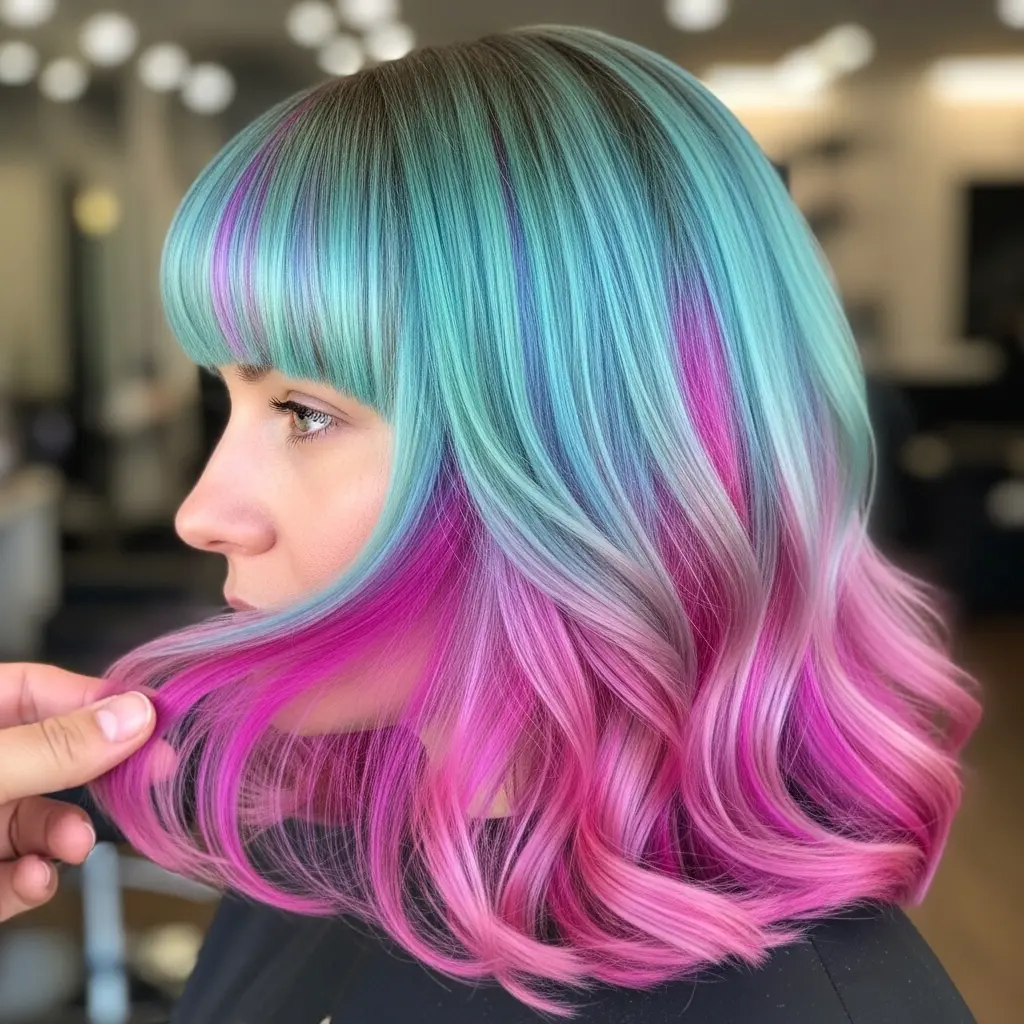 #16 Teal to Magenta Peekaboo Lob with Blunt Curtain Bangs