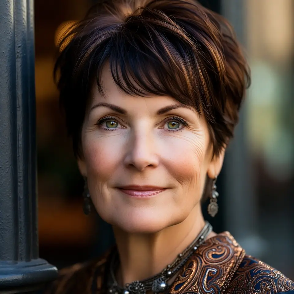 #16 Short Layered Chestnut Pixie with Wispy Fringe and Face-Framing Layers