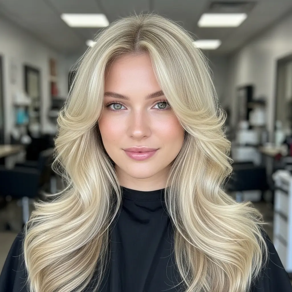 #17 Long Platinum Curtain-Frame with Root Melt and Soft Waves
