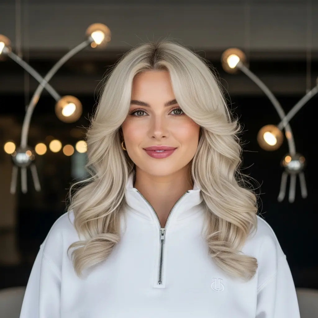Long Blonde Curled Layers and Long Bangs