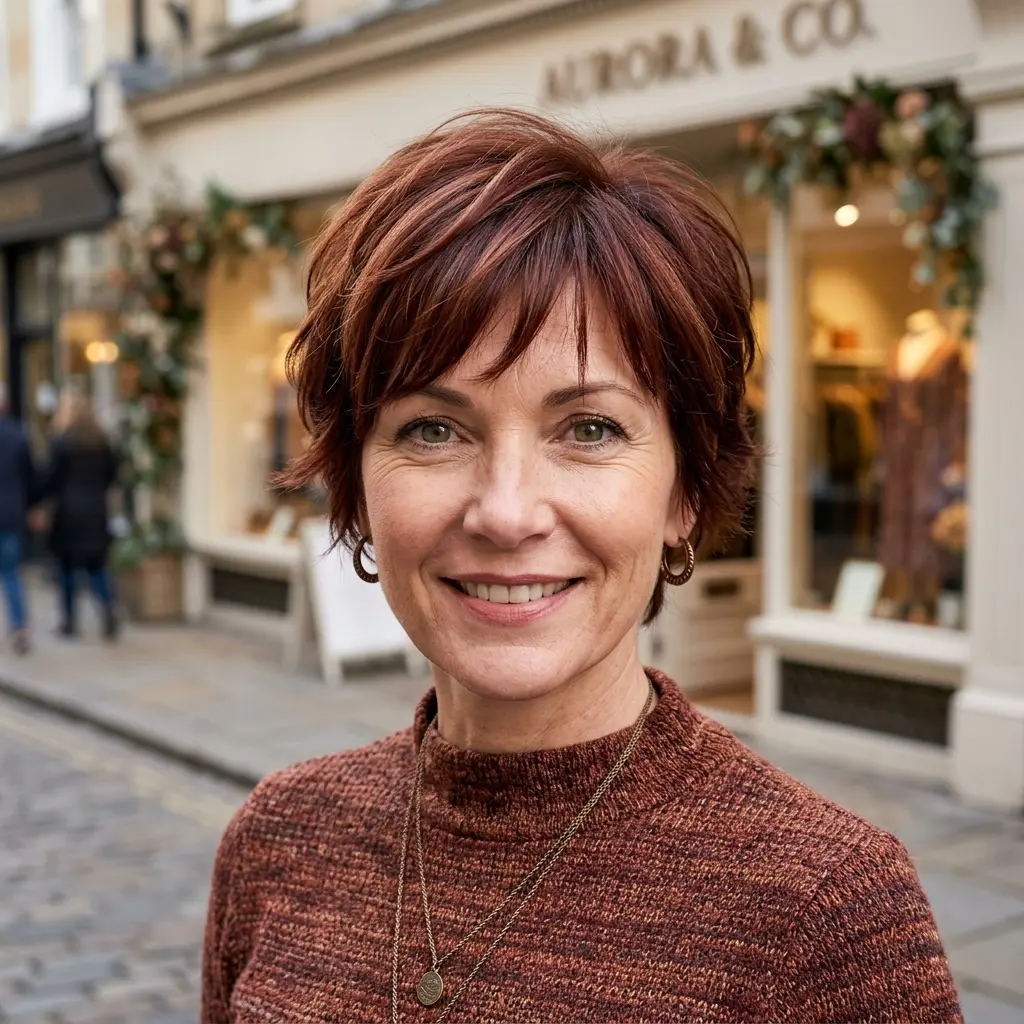 #3 Short Chestnut Pixie Shag with Wispy Micro-Bangs and Lifted Crown