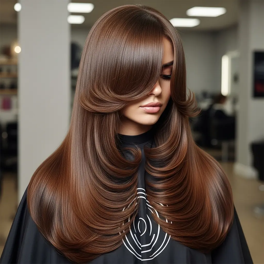 Long Face-Framing Layers with Smooth Brown Finish
