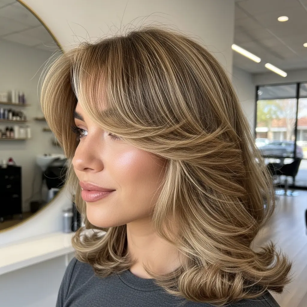 #5 Beige-Latte Long Layers with Side-Swept Fringe and Feathered Flips